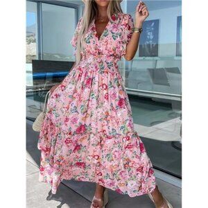 Floral Print Flutter Sleeve Maxi Dress